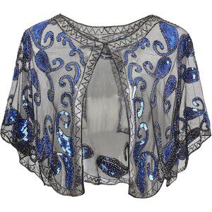 🆕 Women Blue Sequin Beaded Evening Cape Bridal Shawl Bolero Flapper Cover Up